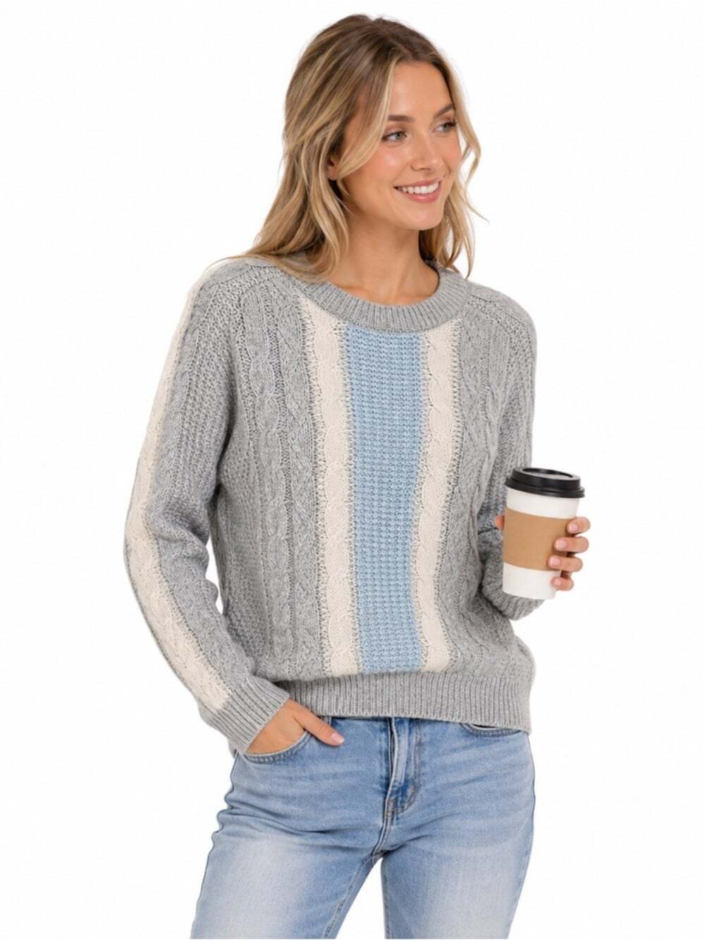 Cynthia Rowley Gray Blue Cable Knit Sweater Large Alpaca Wool Blend